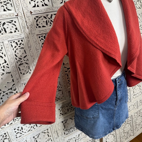 Chicos 100% Wool Burnt Orange Red 3/4 Sleeve Bolero Open Cardigan Sz Small - Picture 4 of 8
